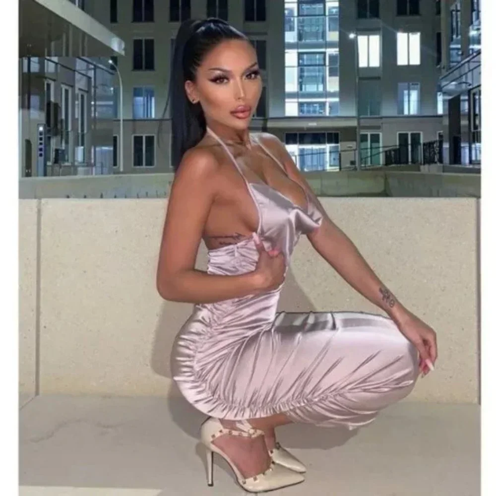 Nude Satin Sleeveless Halter Neck Cowl Neck Backless Ruched Bodycon Midi Dress - Picture 11 of 17